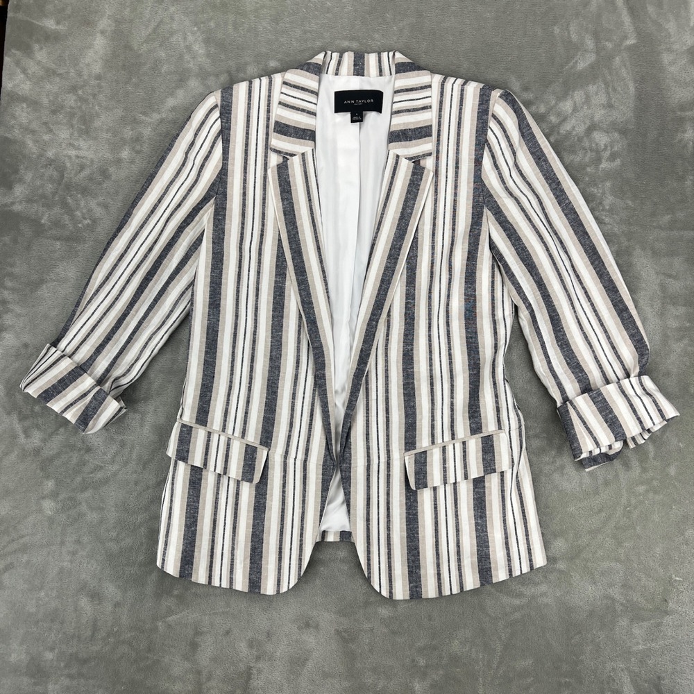 Ann Taylor Factory Striped Linen Blend Blazer Jacket Navy Tan White Size 6